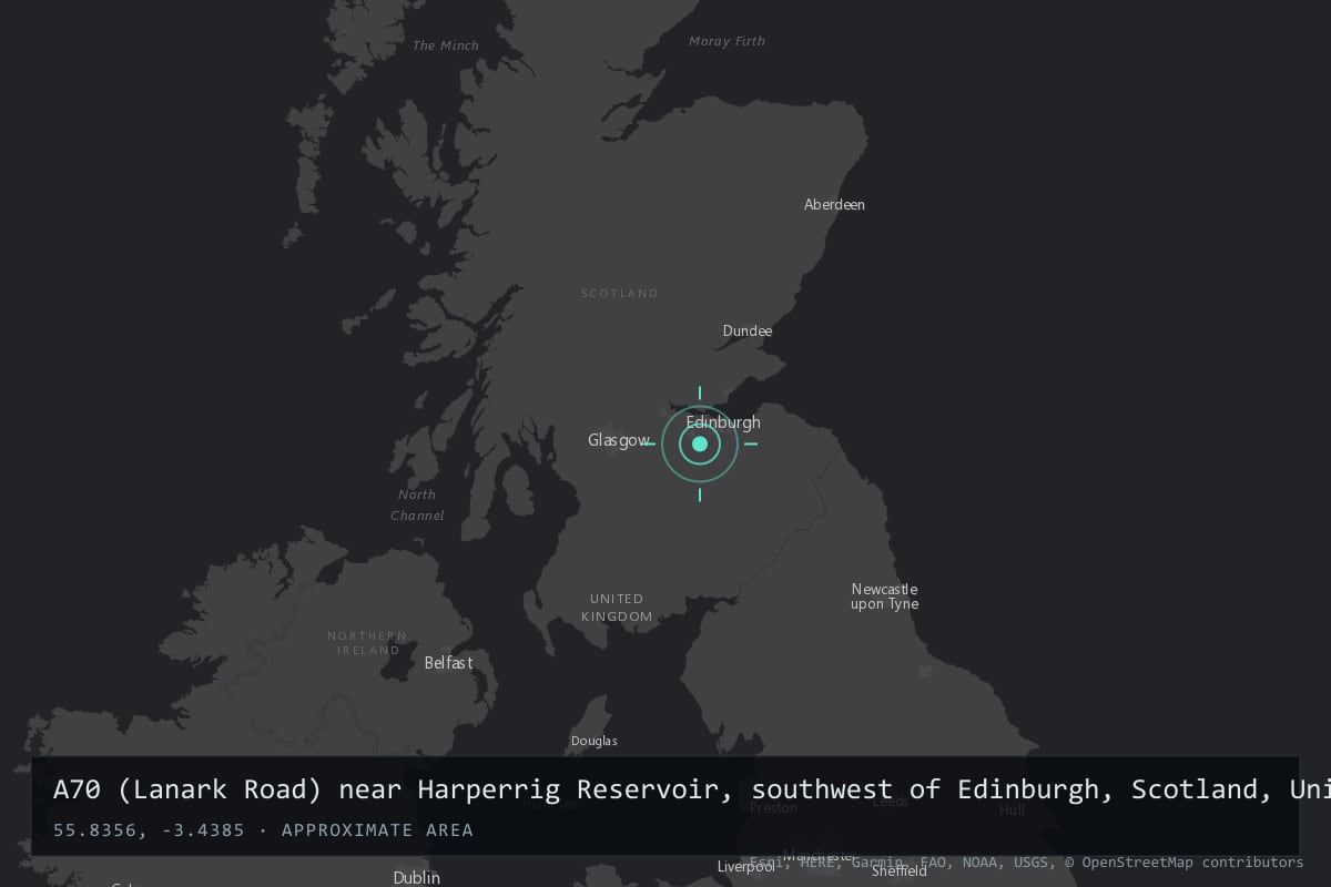 Where it happened: A70 (Lanark Road) near Harperrig Reservoir, southwest of Edinburgh, Scotland, United Kingdom