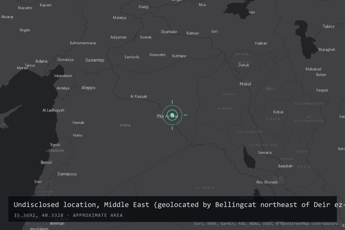 Where it happened: Undisclosed location, Middle East (geolocated by Bellingcat northeast of Deir ez-Zor, Syria), Syria