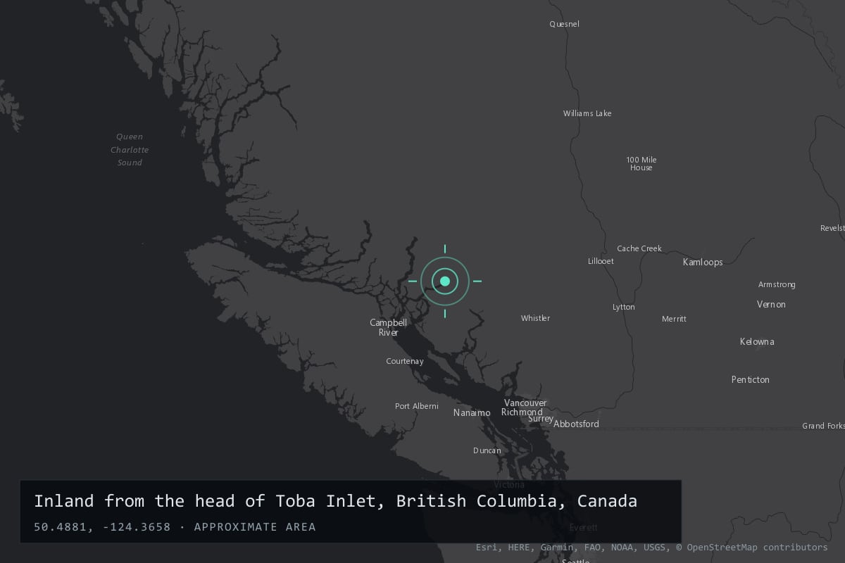 Where it happened: Inland from the head of Toba Inlet, British Columbia, Canada