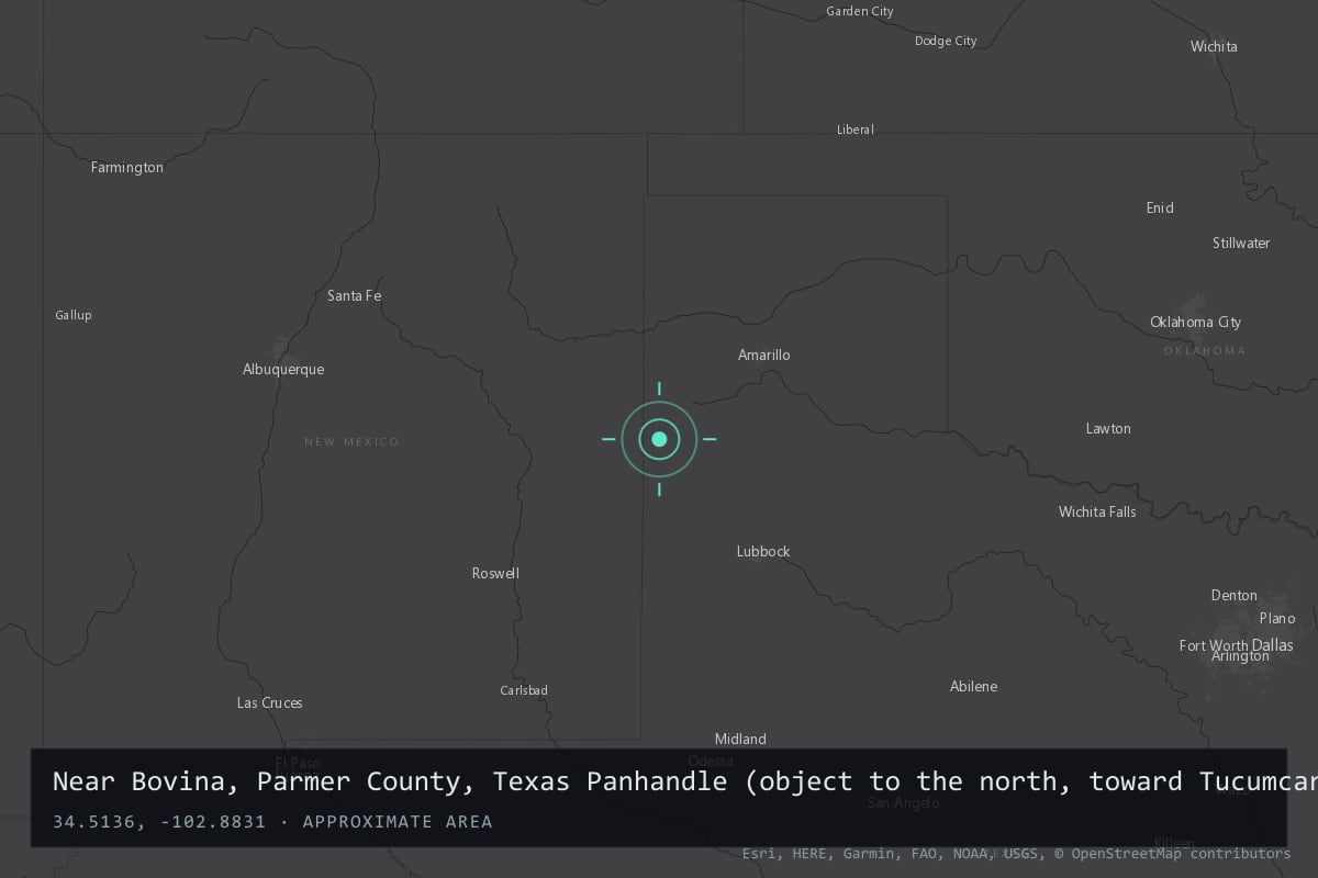 Where it happened: Near Bovina, Parmer County, Texas Panhandle (object to the north, toward Tucumcari, New Mexico), United States