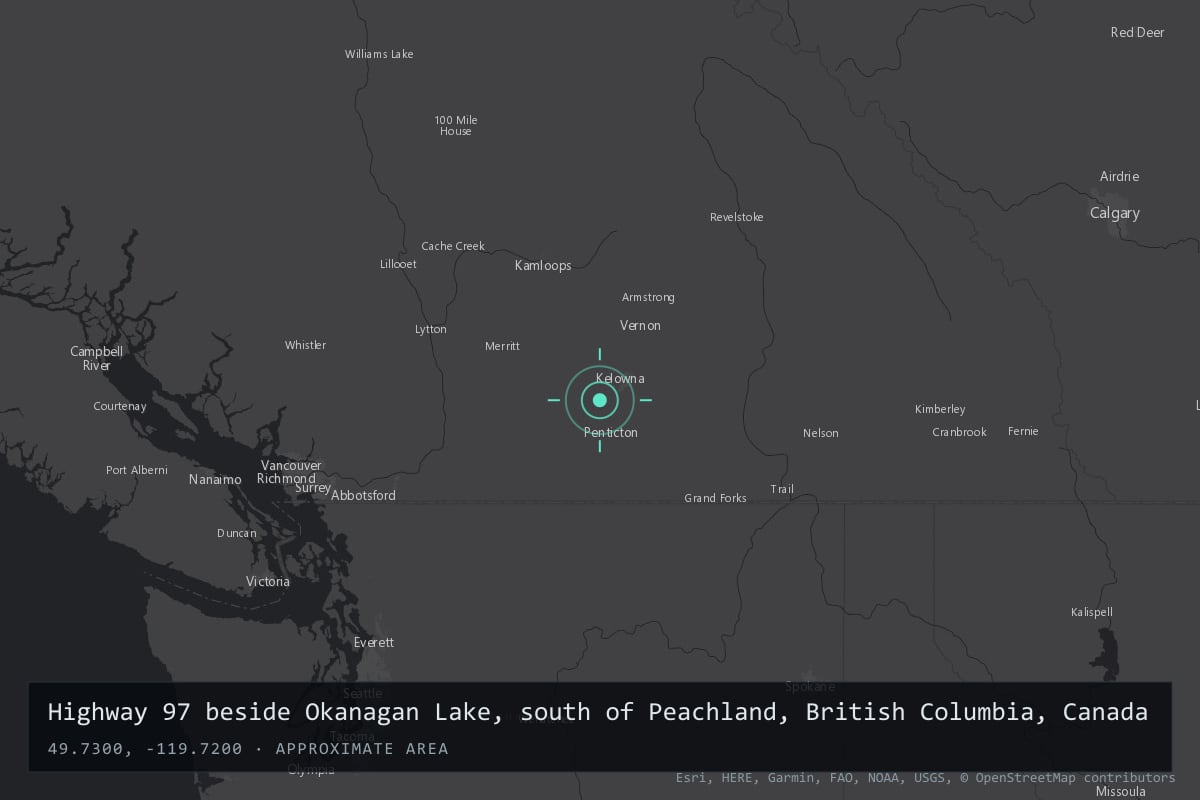 Where it happened: Highway 97 beside Okanagan Lake, south of Peachland, British Columbia, Canada