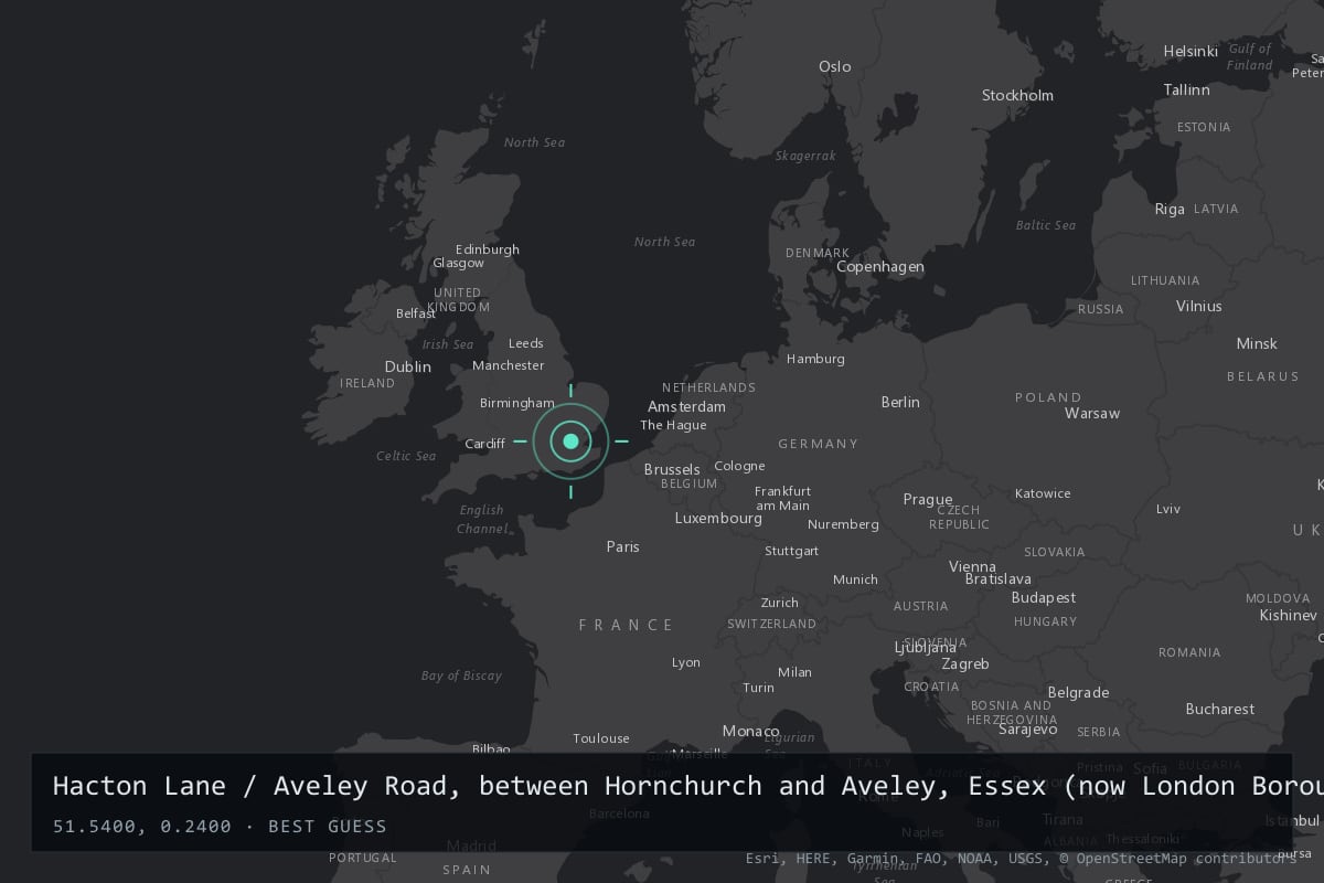 Where it happened: Hacton Lane / Aveley Road, between Hornchurch and Aveley, Essex (now London Borough of Havering), United Kingdom
