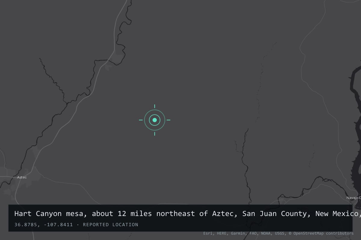Where it happened: Hart Canyon mesa, about 12 miles northeast of Aztec, San Juan County, New Mexico, United States