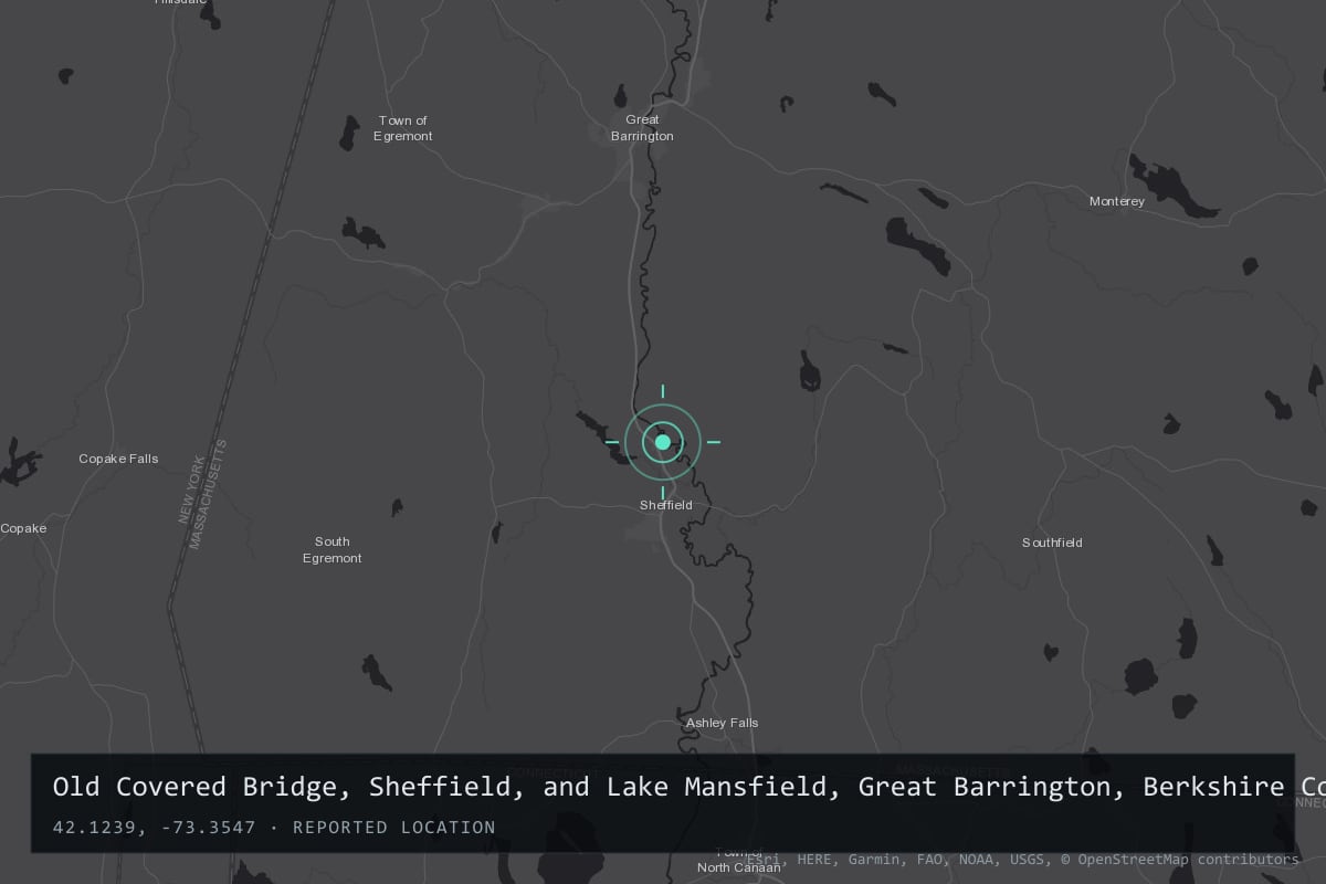 Where it happened: Old Covered Bridge, Sheffield, and Lake Mansfield, Great Barrington, Berkshire County, Massachusetts, United States