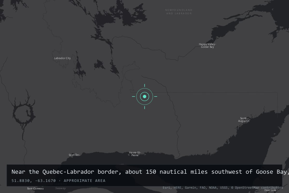Where it happened: Near the Quebec-Labrador border, about 150 nautical miles southwest of Goose Bay, Labrador, Canada