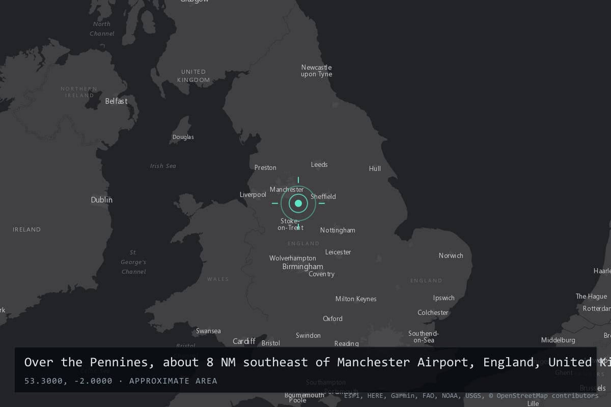 Where it happened: Over the Pennines, about 8 NM southeast of Manchester Airport, England, United Kingdom