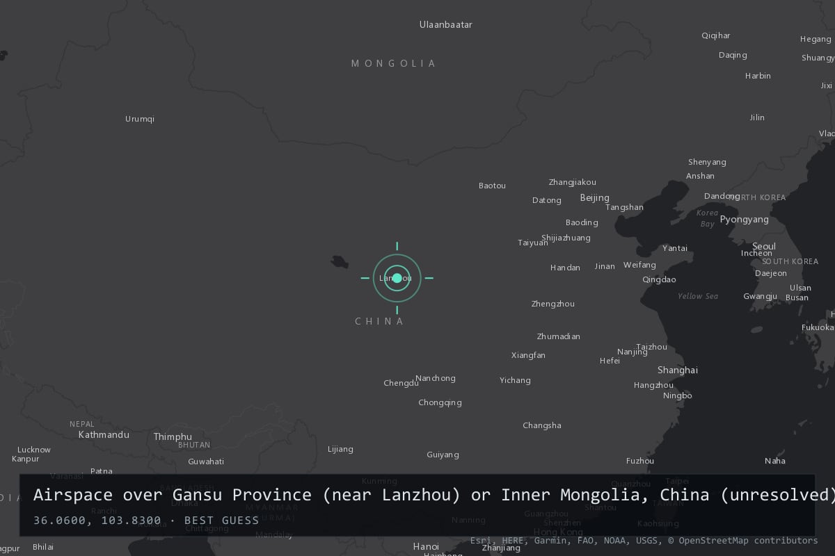 Where it happened: Airspace over Gansu Province (near Lanzhou) or Inner Mongolia, China (unresolved), China