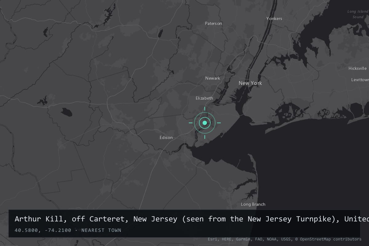 Where it happened: Arthur Kill, off Carteret, New Jersey (seen from the New Jersey Turnpike), United States