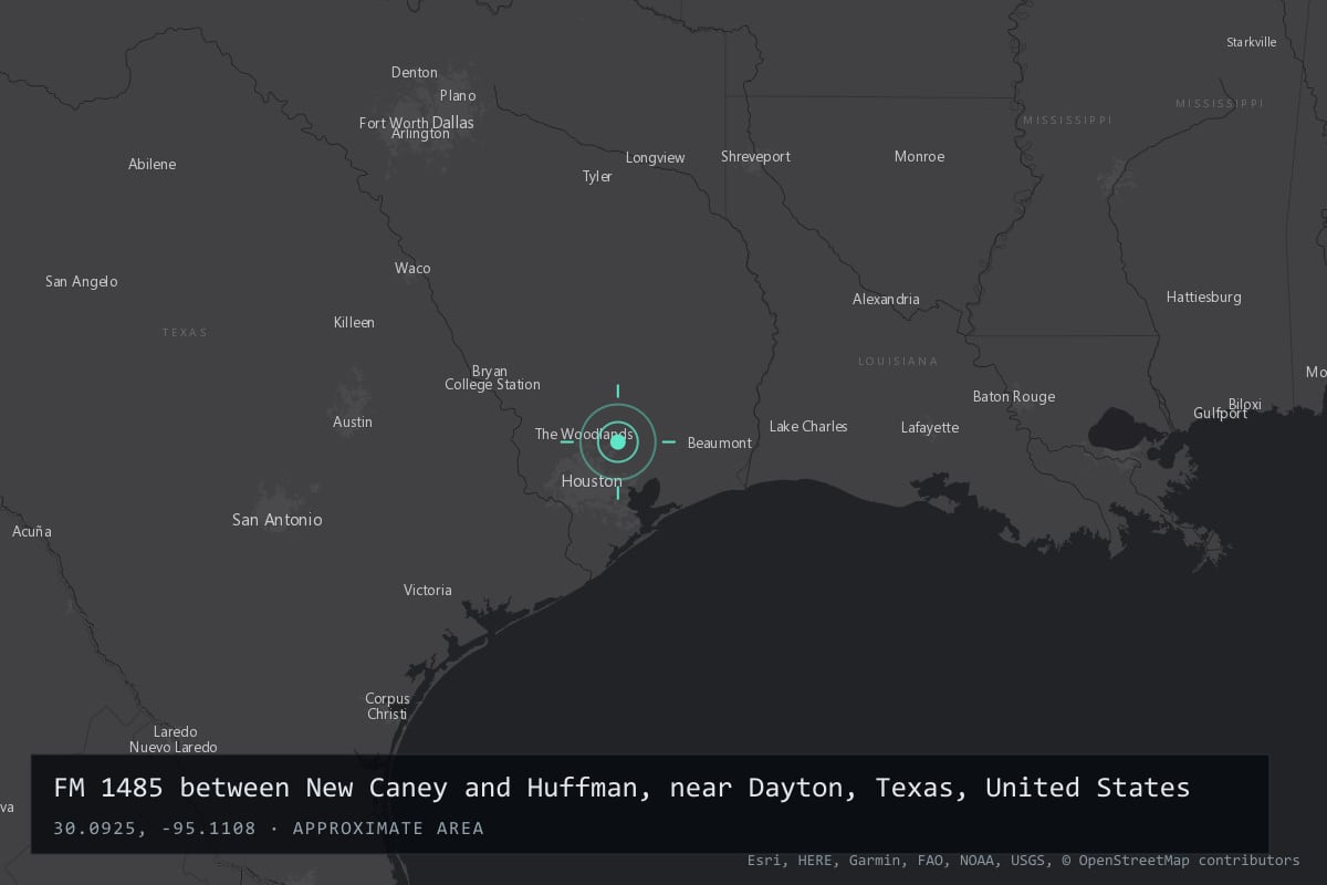 Where it happened: FM 1485 between New Caney and Huffman, near Dayton, Texas, United States