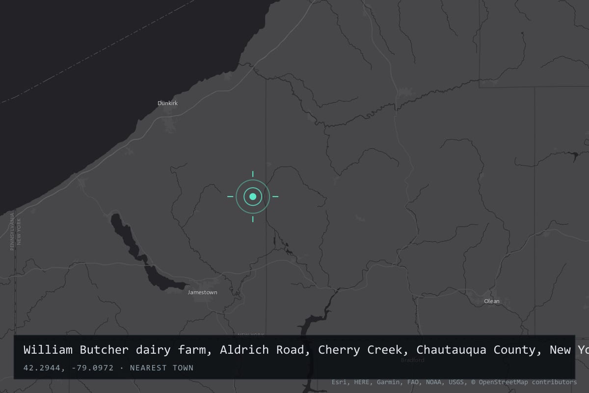 Where it happened: William Butcher dairy farm, Aldrich Road, Cherry Creek, Chautauqua County, New York, United States