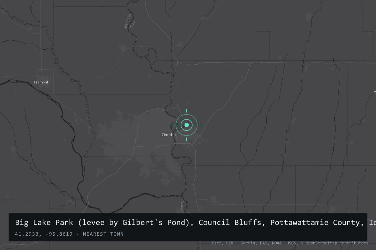 Where it happened: Big Lake Park (levee by Gilbert's Pond), Council Bluffs, Pottawattamie County, Iowa, United States