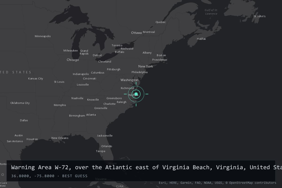 Where it happened: Warning Area W-72, over the Atlantic east of Virginia Beach, Virginia, United States
