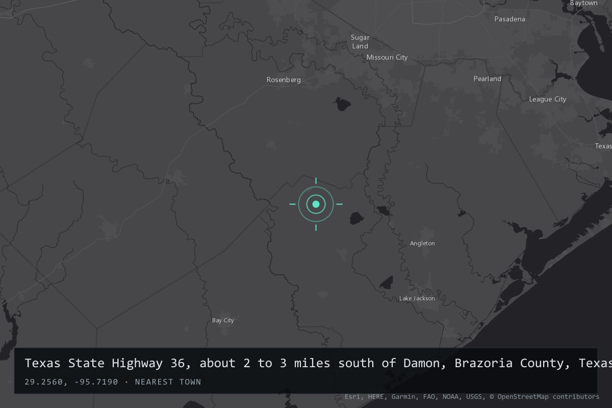 Where it happened: Texas State Highway 36, about 2 to 3 miles south of Damon, Brazoria County, Texas, United States