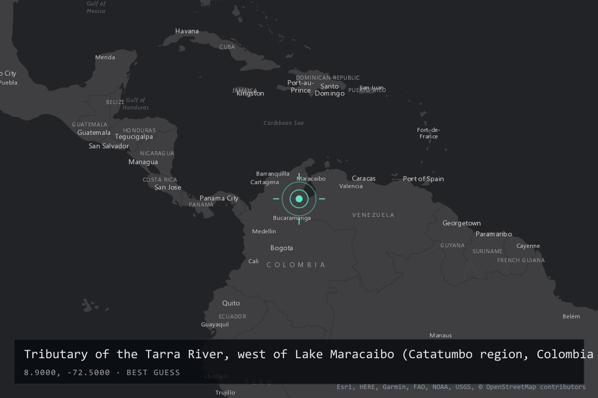 Where it happened: Tributary of the Tarra River, near Casigua, south-west of Lake Maracaibo, Zulia State, Venezuela