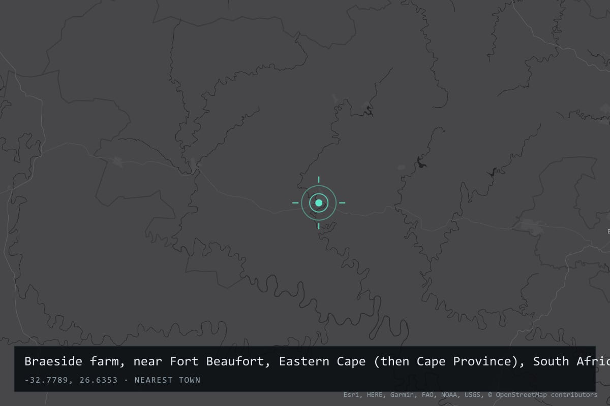 Where it happened: Braeside farm, near Fort Beaufort, Eastern Cape (then Cape Province), South Africa