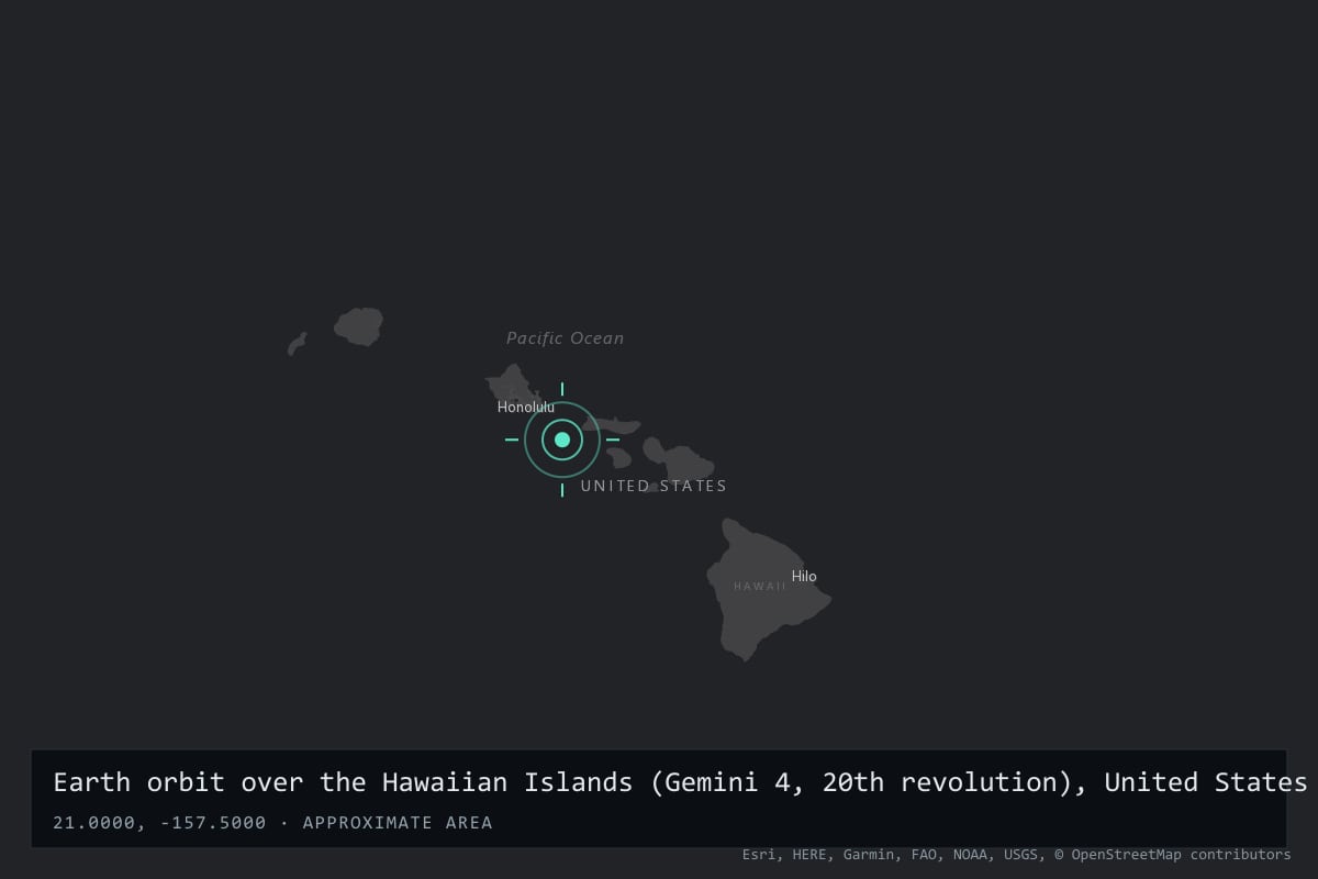 Where it happened: Earth orbit over the Hawaiian Islands (Gemini 4, 20th revolution), United States