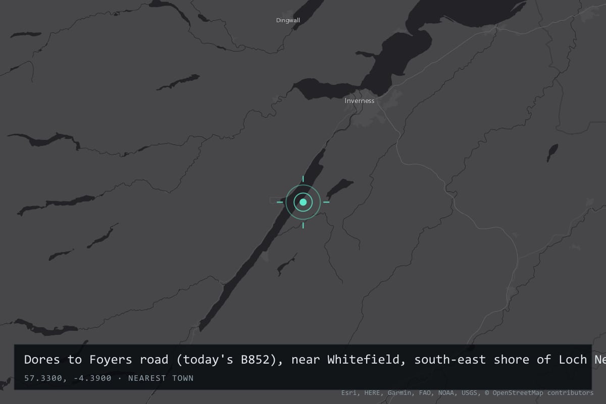 Where it happened: Dores to Foyers road (today's B852), near Whitefield, south-east shore of Loch Ness, Highland, Scotland, United Kingdom