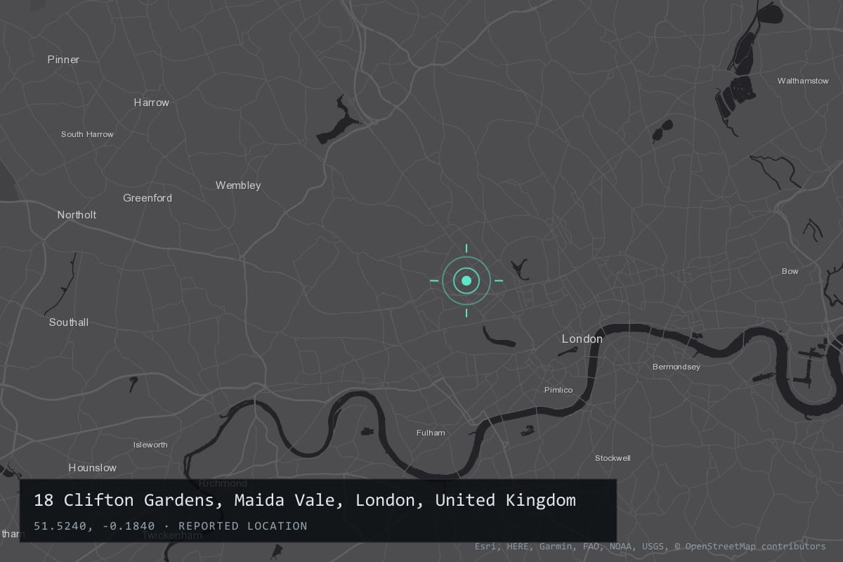 Where it happened: 18 Clifton Gardens, Maida Vale, London, United Kingdom