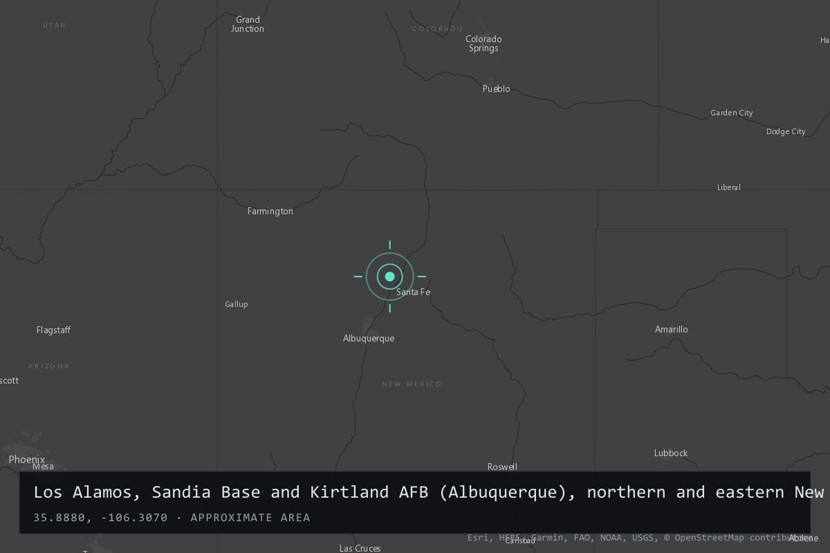 Where it happened: Los Alamos, Sandia Base and Kirtland AFB (Albuquerque), northern and eastern New Mexico, and West Texas, USA