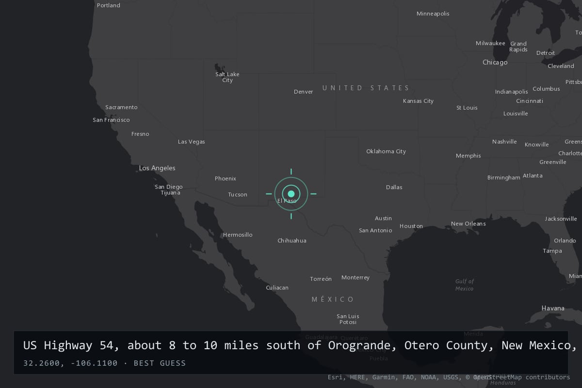 Where it happened: US Highway 54, about 8 to 10 miles south of Orogrande, Otero County, New Mexico, United States