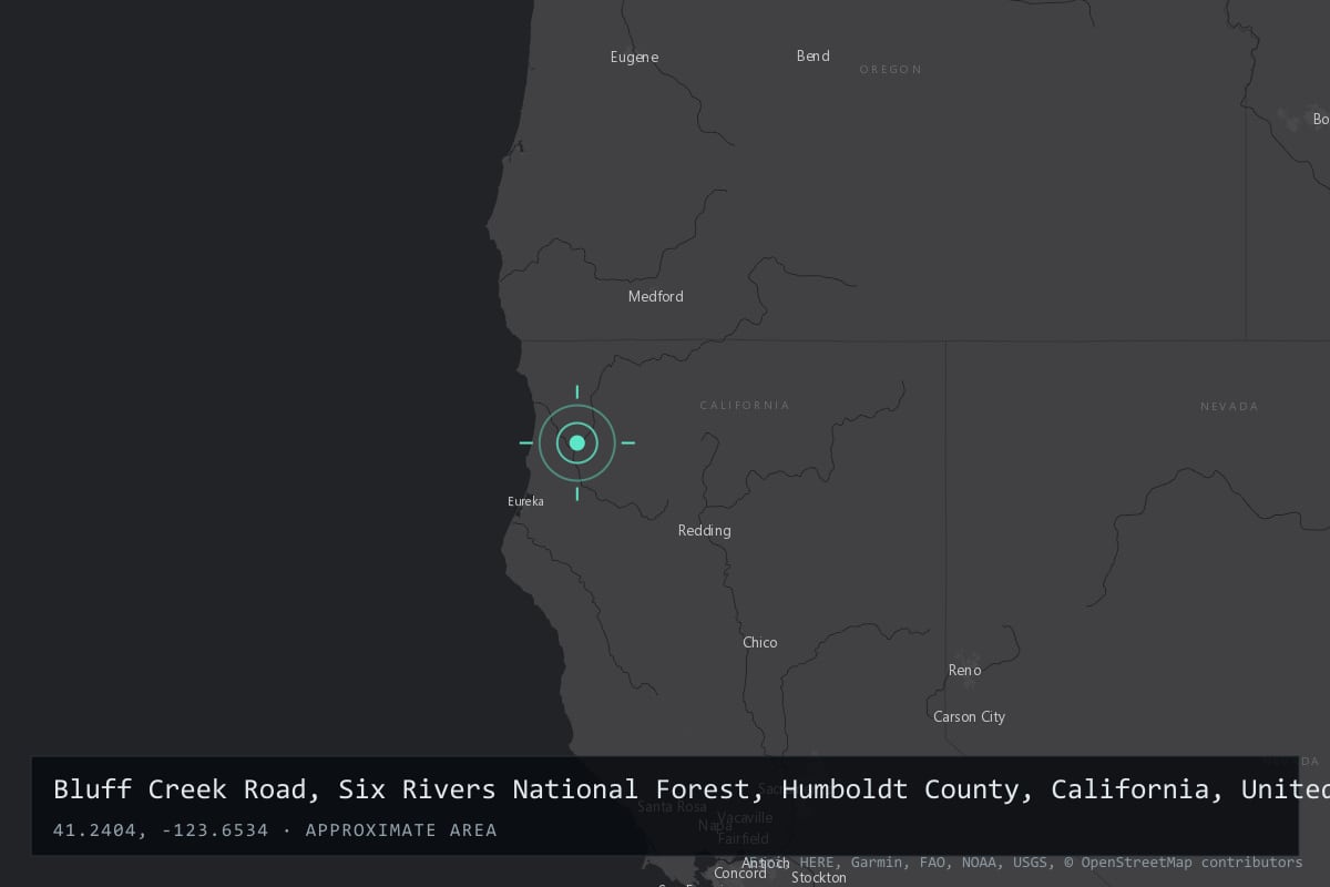 Where it happened: Bluff Creek Road, Six Rivers National Forest, Humboldt County, California, United States