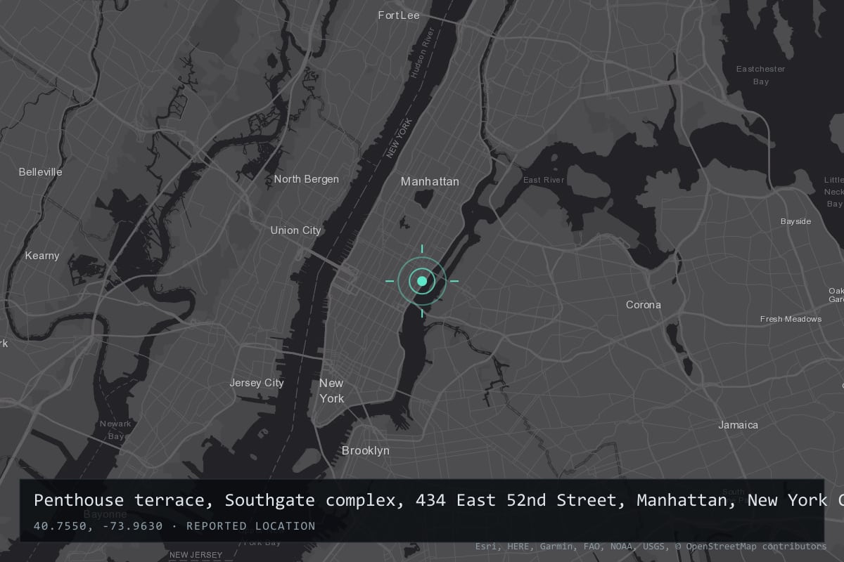 Where it happened: Penthouse terrace, Southgate complex, 434 East 52nd Street, Manhattan, New York City, United States