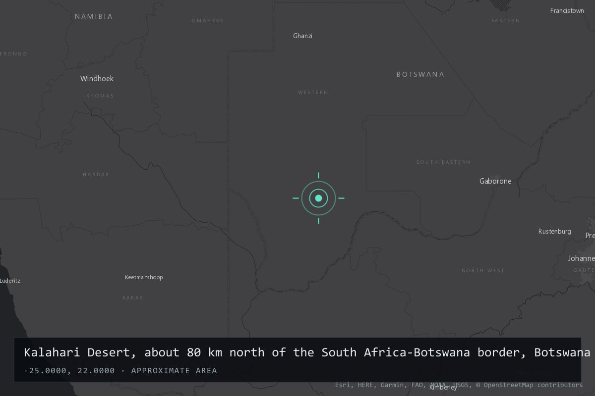 Where it happened: Kalahari Desert, about 80 km north of the South Africa-Botswana border, Botswana