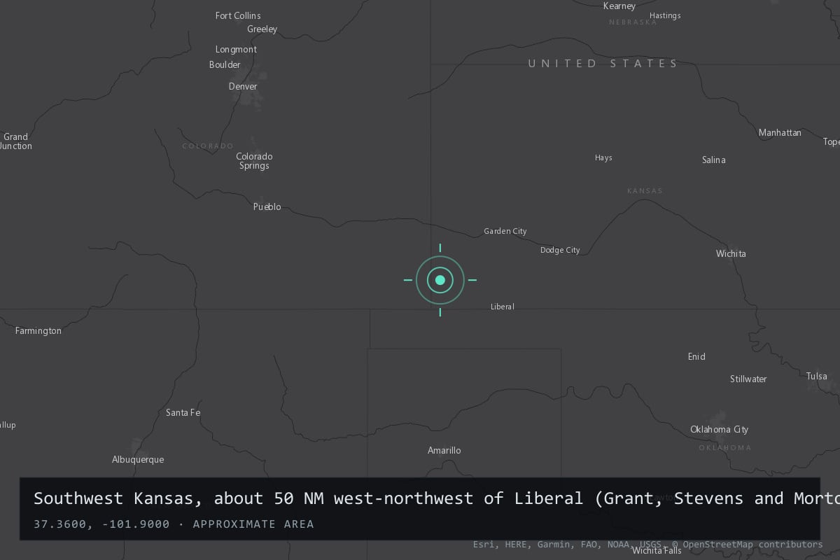 Where it happened: Southwest Kansas, about 50 NM west-northwest of Liberal (Grant, Stevens and Morton counties), toward Beaver, Oklahoma Panhandle, United States