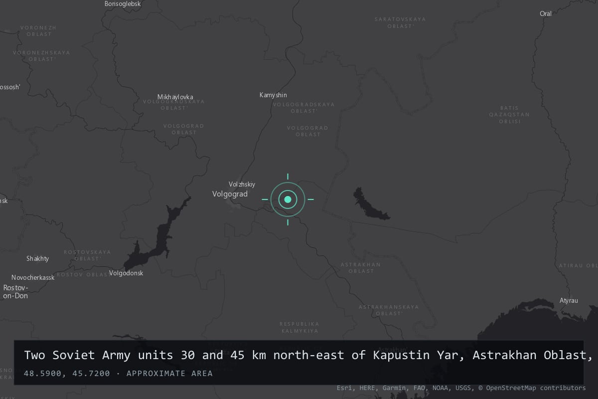 Where it happened: Two Soviet Army units 30 and 45 km north-east of Kapustin Yar, Astrakhan Oblast, USSR, Russia