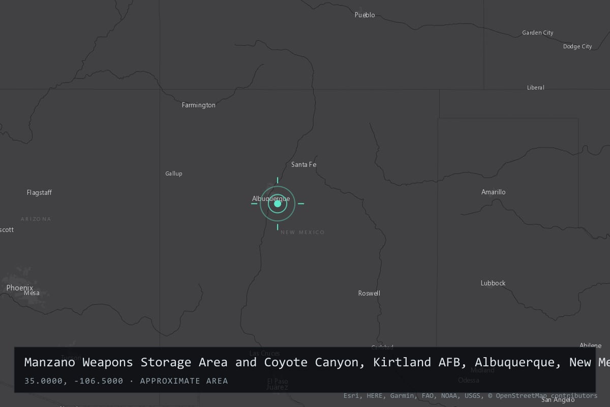 Where it happened: Manzano Weapons Storage Area and Coyote Canyon, Kirtland AFB, Albuquerque, New Mexico, United States