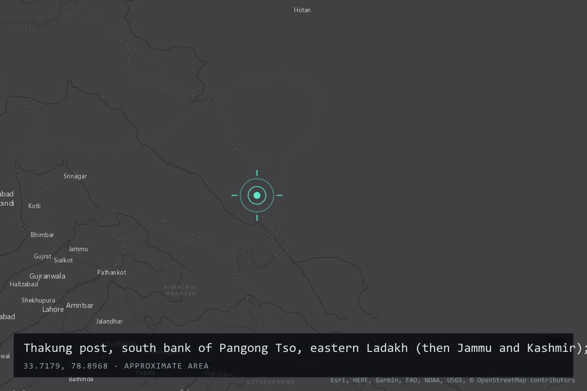Where it happened: Thakung post, south bank of Pangong Tso, eastern Ladakh (then Jammu and Kashmir); later sighting at Lagan Khel, Demchok, India