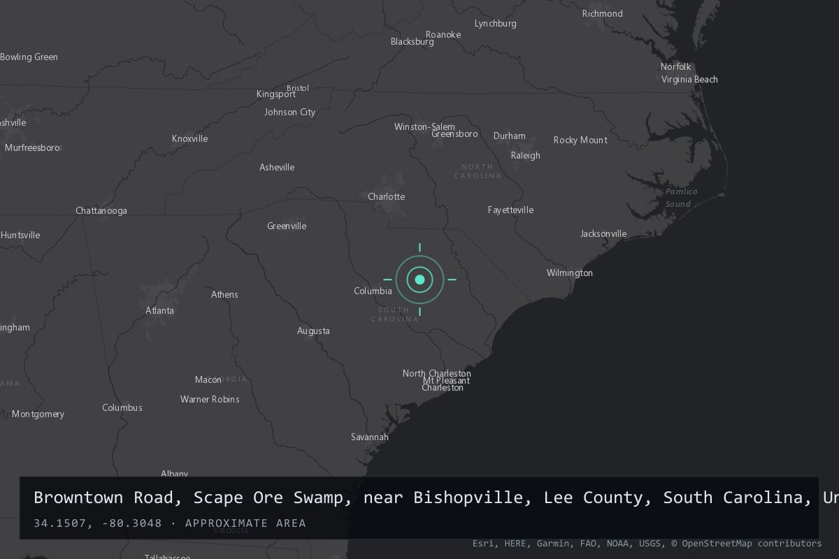 Where it happened: Browntown Road, Scape Ore Swamp, near Bishopville, Lee County, South Carolina, United States