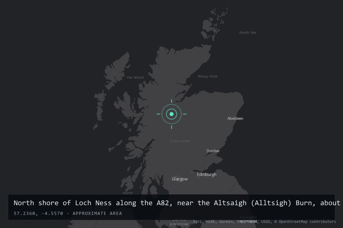 Where it happened: North shore of Loch Ness along the A82, near the Altsaigh (Alltsigh) Burn, about 2-3 miles northeast of Invermoriston, Scotland, United Kingdom