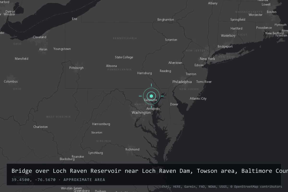 Where it happened: Bridge over Loch Raven Reservoir near Loch Raven Dam, Towson area, Baltimore County, Maryland, United States