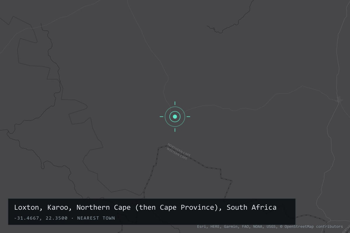 Where it happened: Loxton, Karoo, Northern Cape (then Cape Province), South Africa