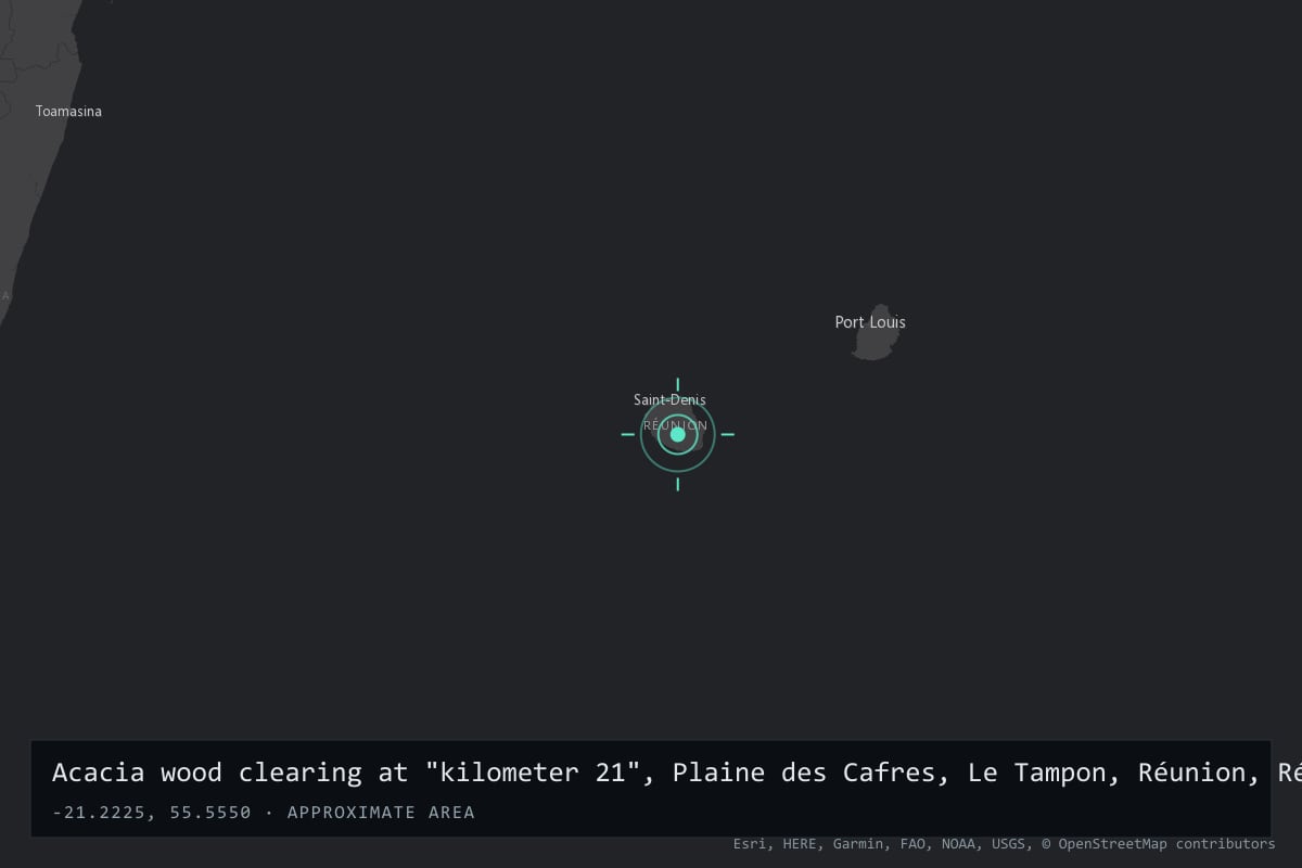 Where it happened: Acacia wood clearing at "kilometer 21", Plaine des Cafres, Le Tampon, Réunion, France