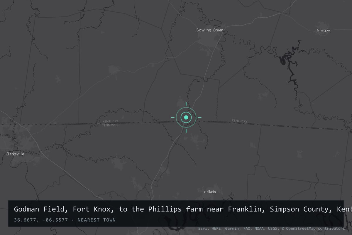 Where it happened: Godman Field, Fort Knox, to the Phillips farm near Franklin, Simpson County, Kentucky, United States