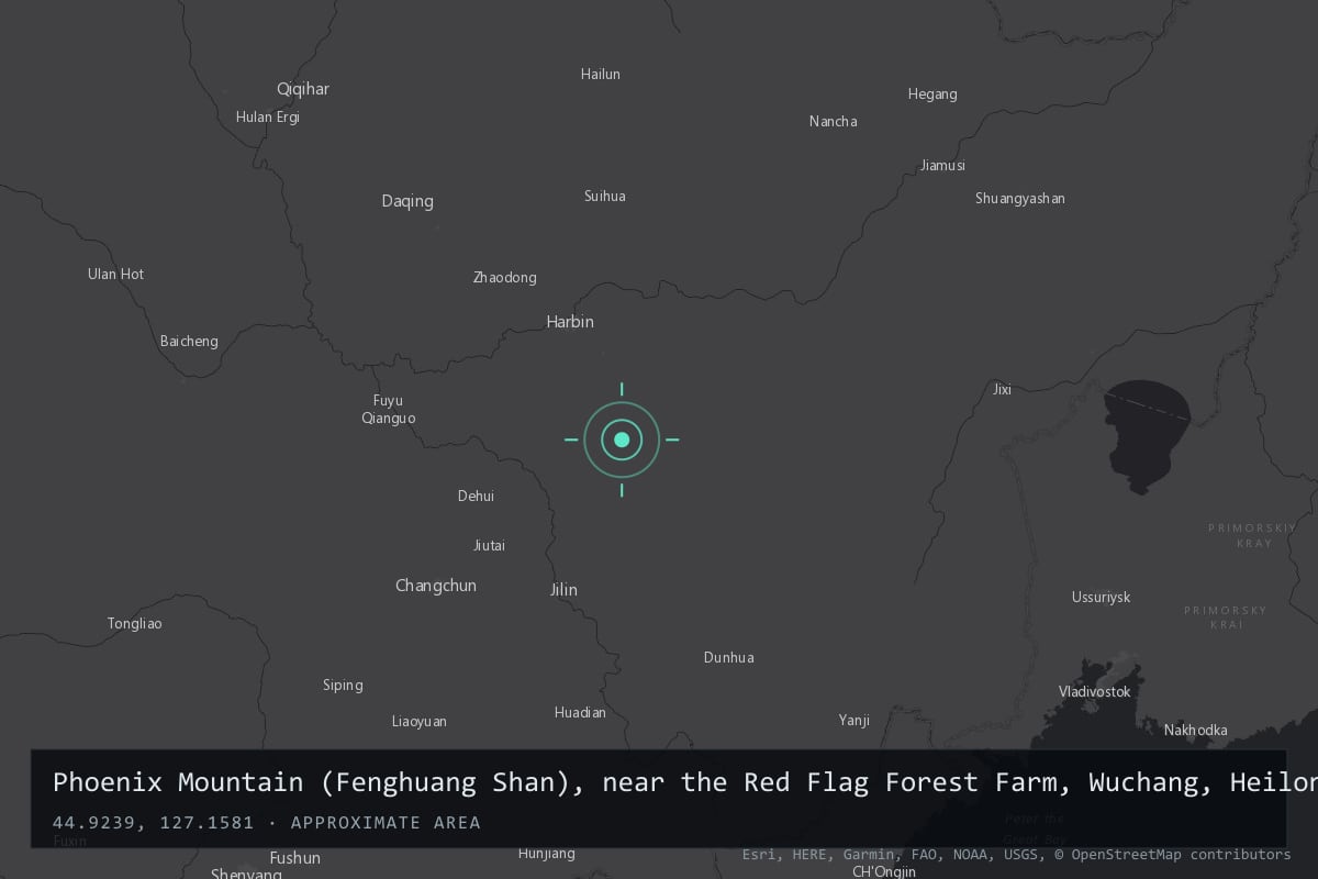 Where it happened: Phoenix Mountain (Fenghuang Shan), near the Red Flag Forest Farm, Wuchang, Heilongjiang, China