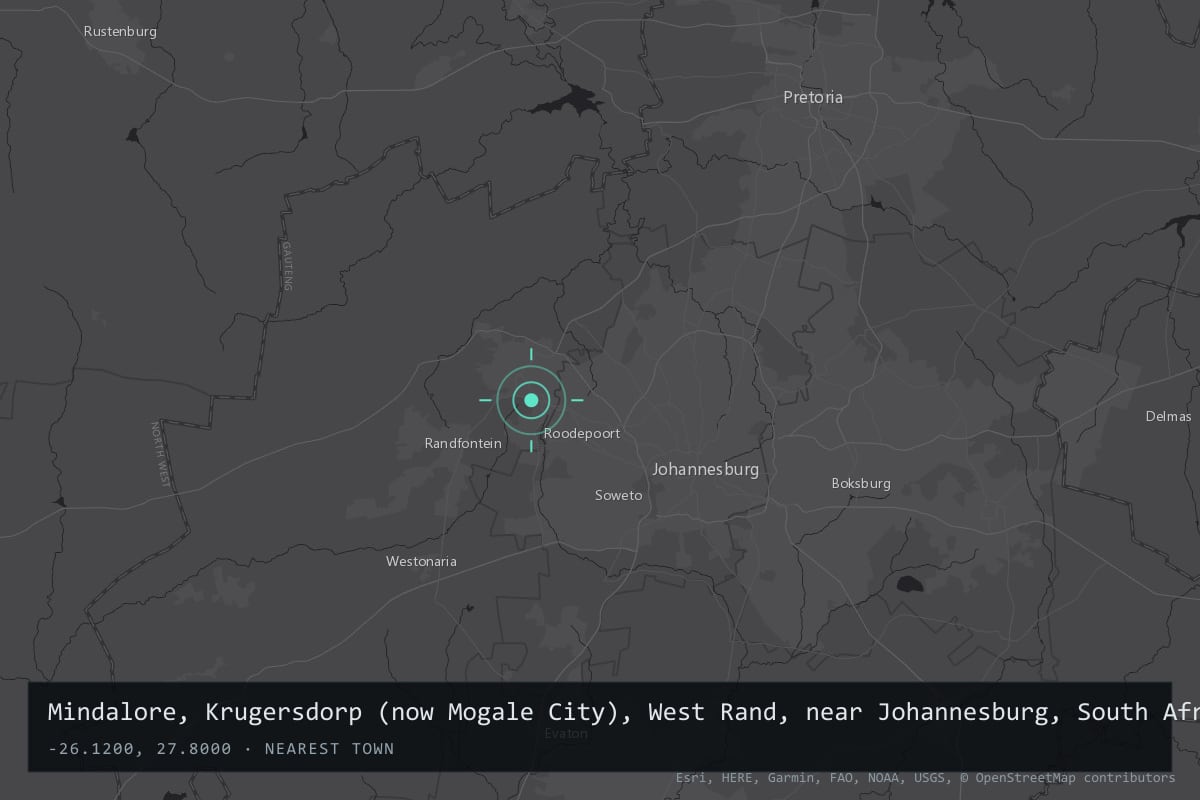 Where it happened: Mindalore, Krugersdorp (now Mogale City), West Rand, near Johannesburg, South Africa