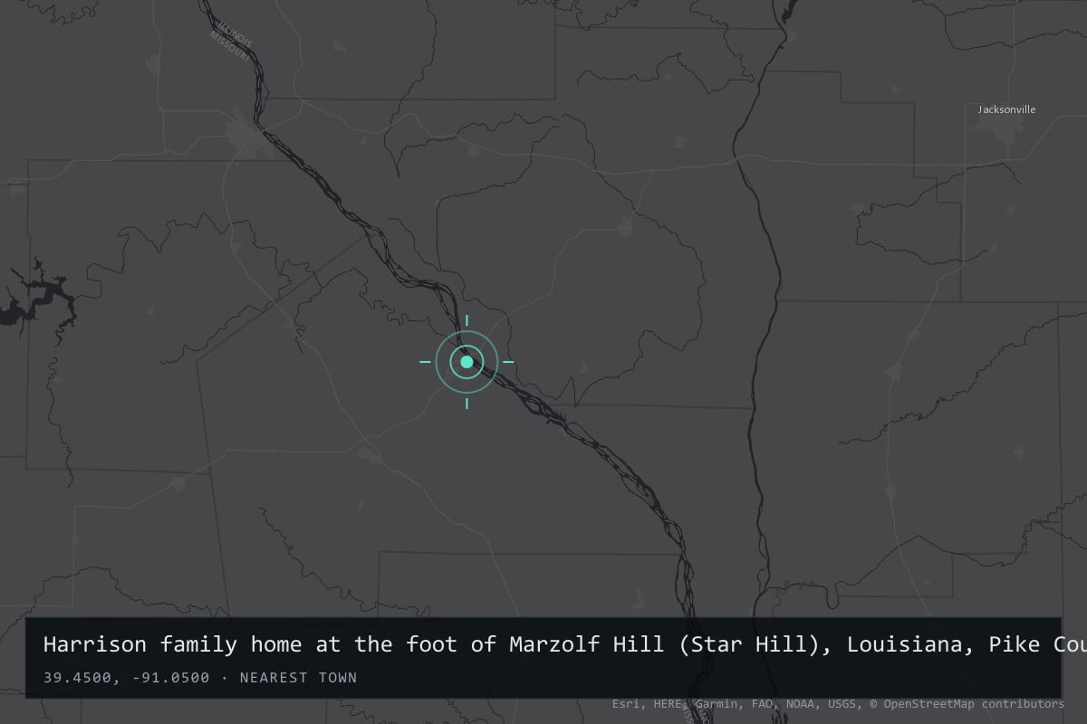 Where it happened: Louisiana, Pike County, Missouri (Harrison home at the foot of Marzolf Hill / Star Hill), United States