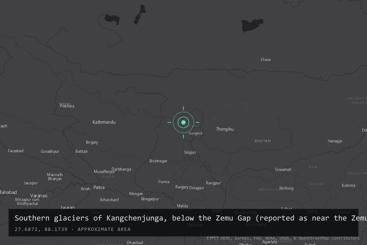 Where it happened: Southern glaciers of Kangchenjunga, below the Zemu Gap (reported as near the Zemu Glacier), Sikkim, India