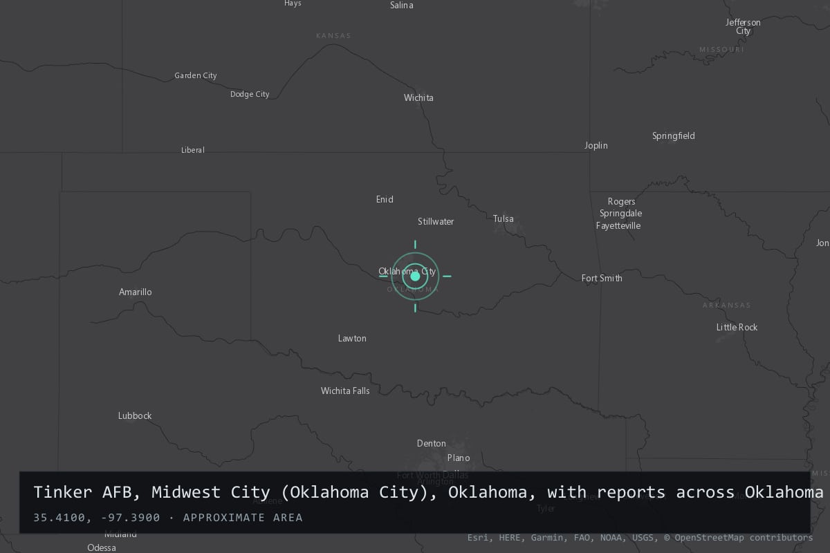 Where it happened: Tinker AFB, Midwest City (Oklahoma City), Oklahoma, with reports across Oklahoma and at Wichita, Kansas, United States