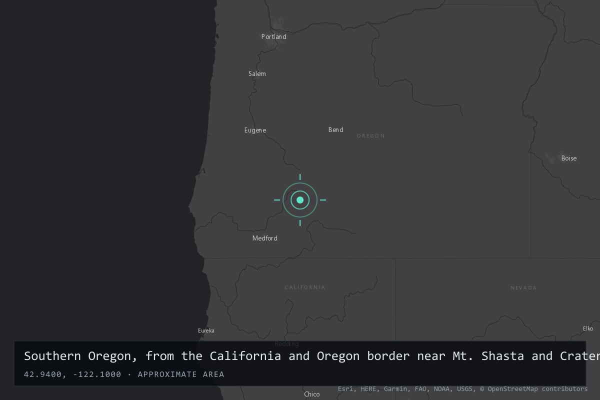 Where it happened: Southern Oregon, from the California and Oregon border near Mt. Shasta and Crater Lake north to the Willamette Valley, United States