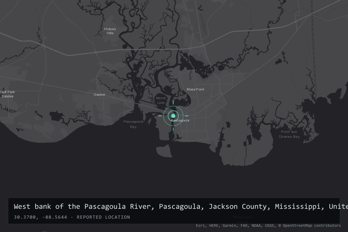 Where it happened: West bank of the Pascagoula River, Pascagoula, Jackson County, Mississippi, United States