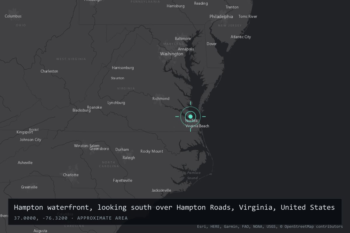 Where it happened: Hampton waterfront, looking south over Hampton Roads, Virginia, United States