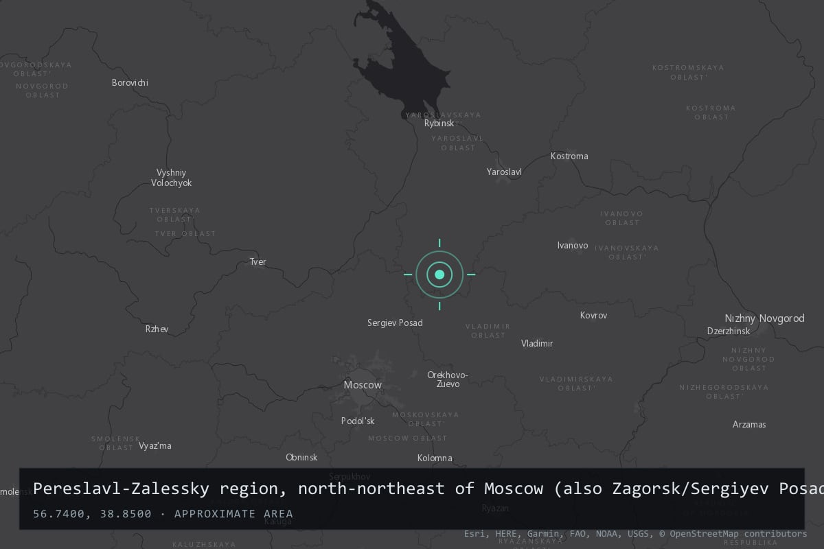 Where it happened: Pereslavl-Zalessky region, north-northeast of Moscow (also Zagorsk/Sergiyev Posad, Fryazino, Kirzhach), Russia