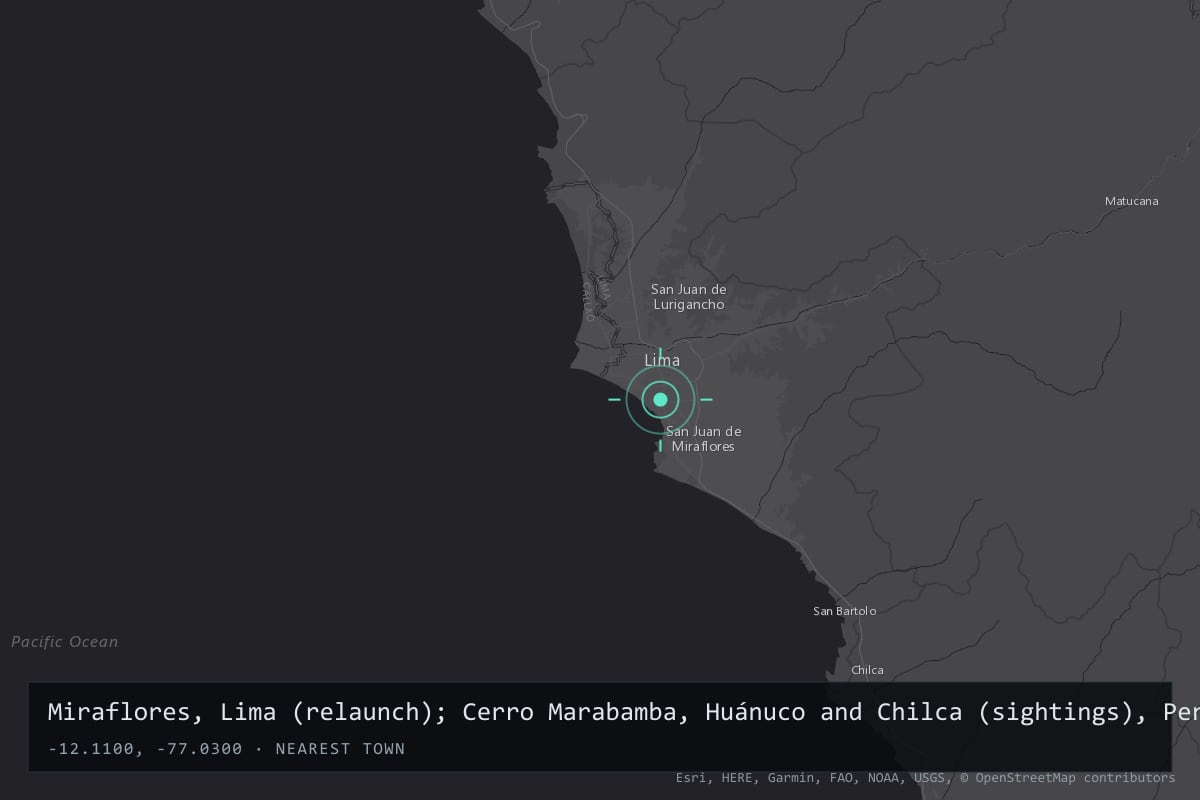 Where it happened: Miraflores, Lima (relaunch); Cerro Marabamba, Huánuco and Chilca (sightings), Peru