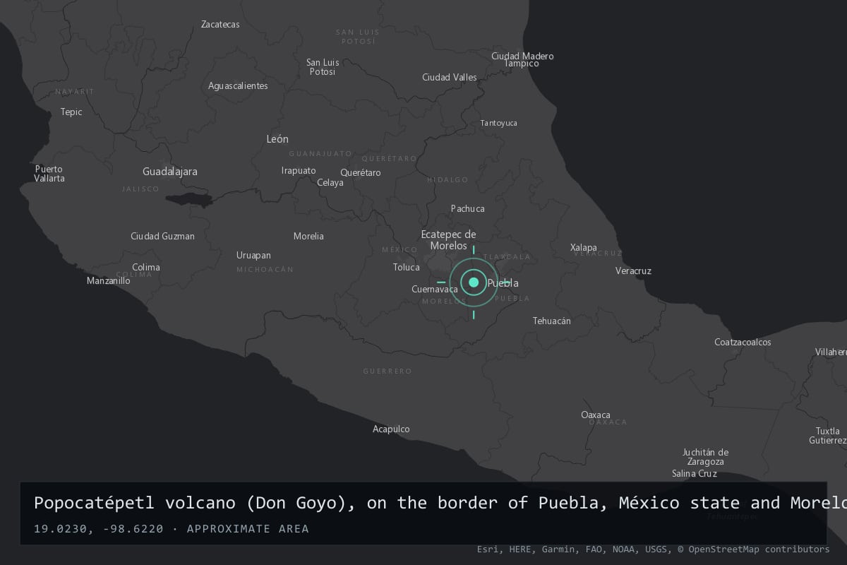 Where it happened: Popocatépetl volcano (Don Goyo), on the border of Puebla, México state and Morelos, Mexico