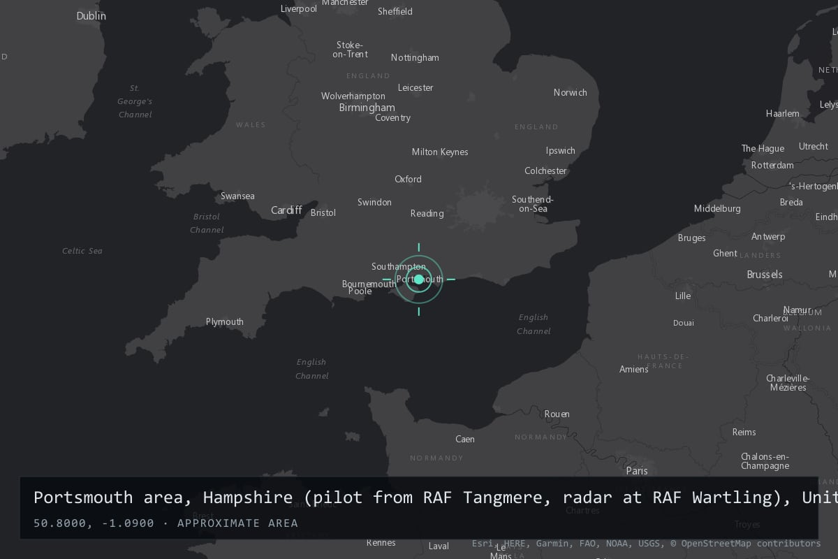 Where it happened: Portsmouth area, Hampshire (pilot from RAF Tangmere, radar at RAF Wartling), United Kingdom