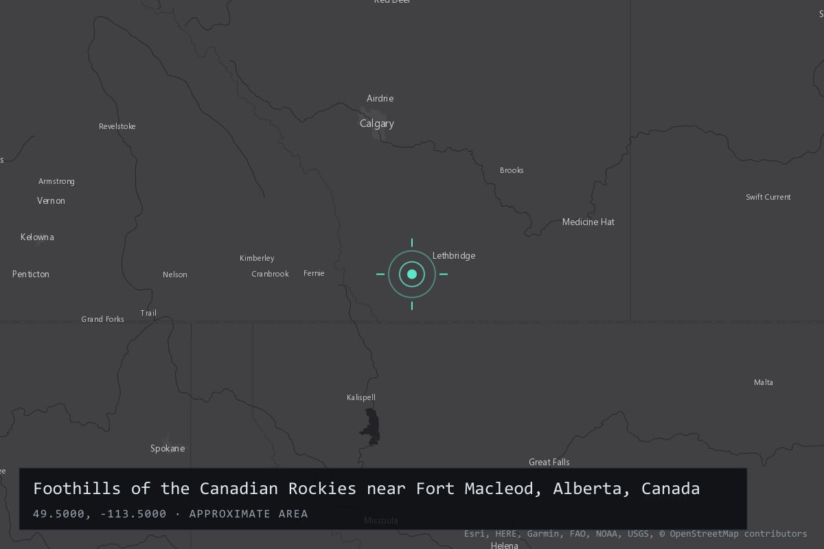 Where it happened: Foothills of the Canadian Rockies near Fort Macleod, Alberta, Canada